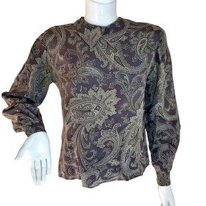 1980s Gray Silk Blouse Jones NY Petite Top Paisley Cover Button Collared Women 6
